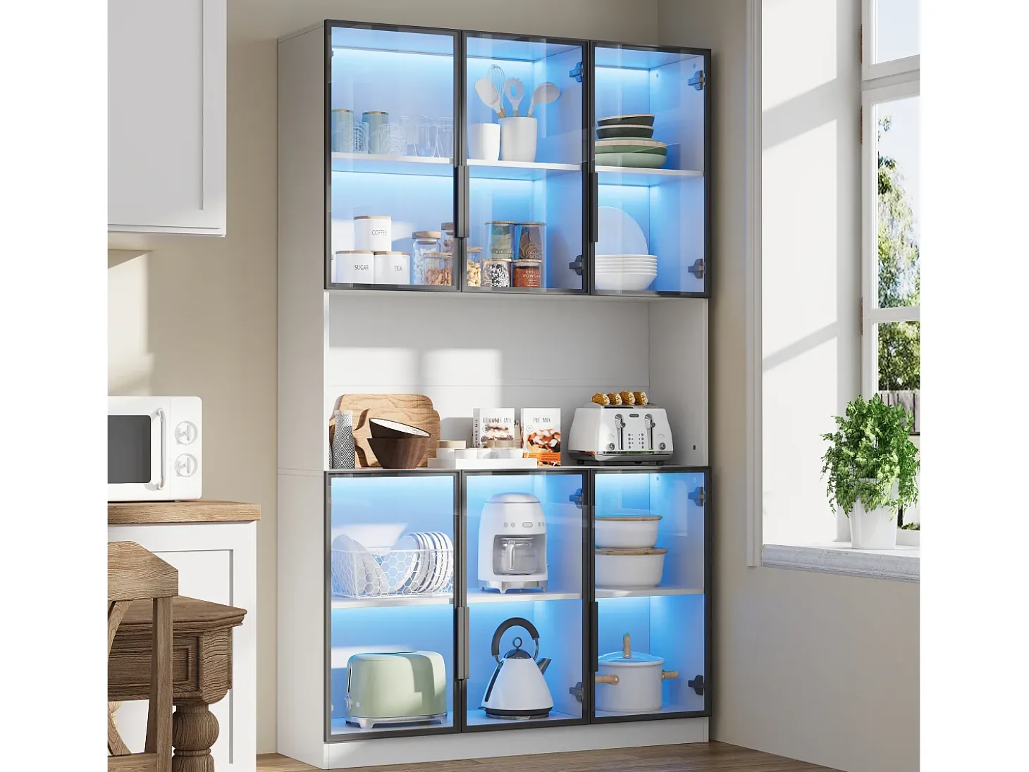 Vitrina moderna 120x34x200 cm - Iluminación LED - 6 puertas de vidrio - Espacio de almacenamiento abierto - MDF - Blanco