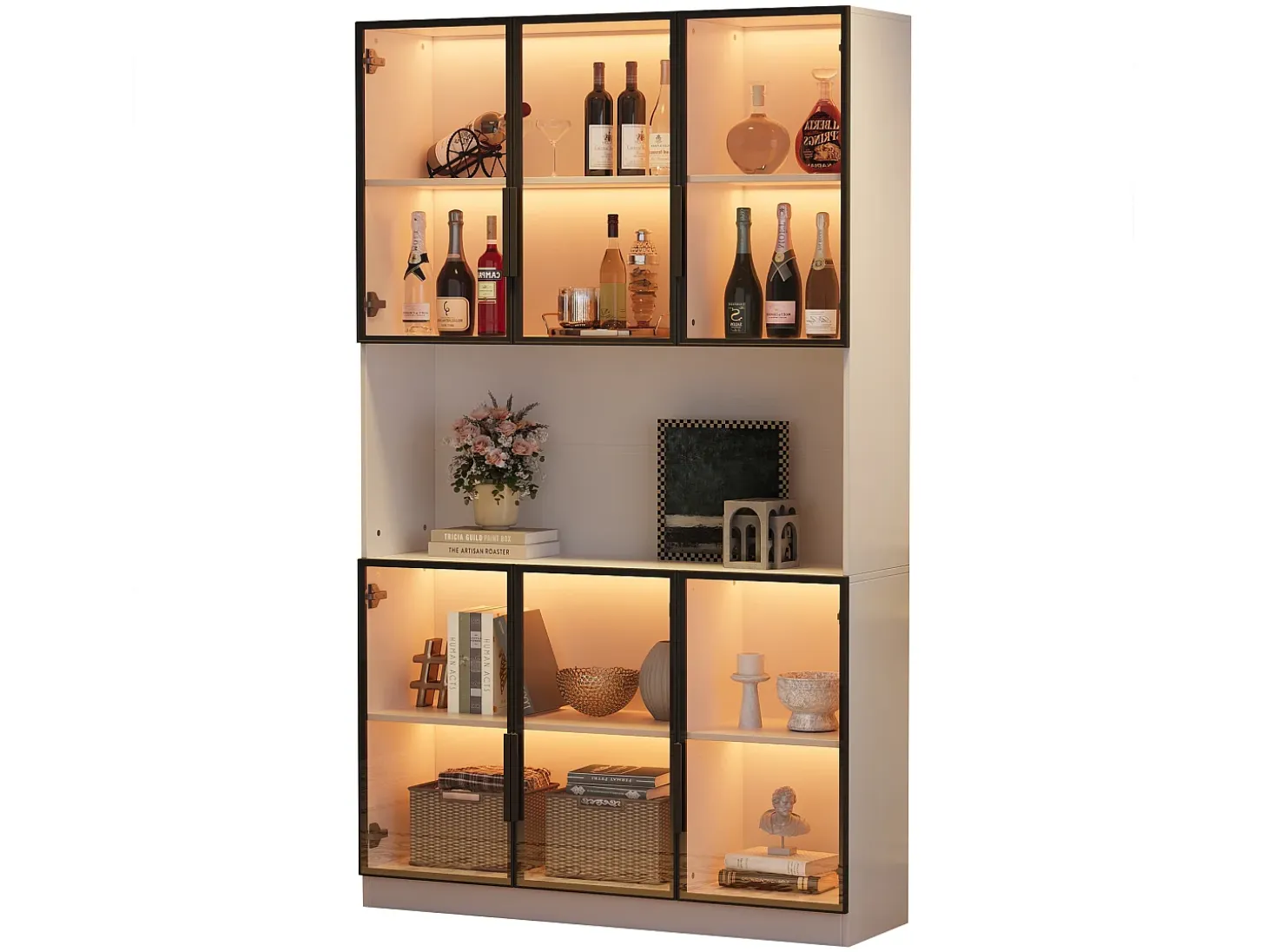 Vitrina moderna 120x34x200 cm - Iluminación LED - 6 puertas de vidrio - Espacio de almacenamiento abierto - MDF - Blanco