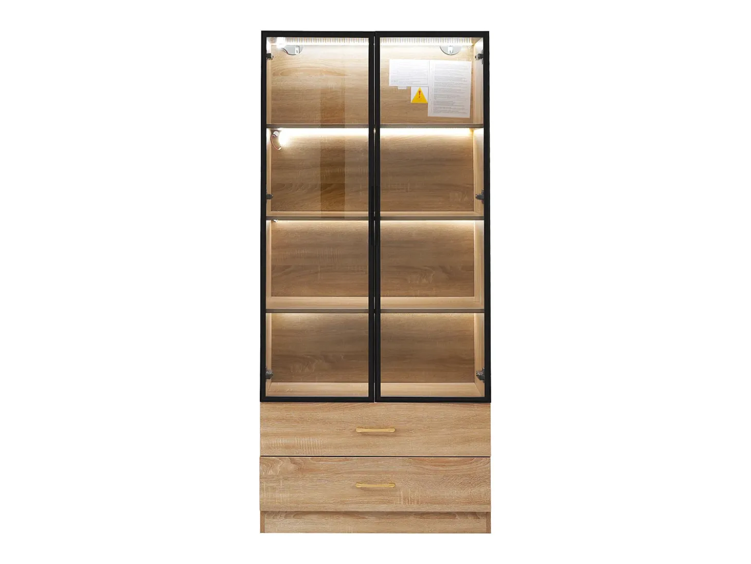 Vitrina, mueble de baño con LED - 2 cajones y 2 puertas acristaladas - Natural
