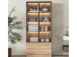 Vitrina, mueble de baño con LED - 2 cajones y 2 puertas acristaladas - Natural