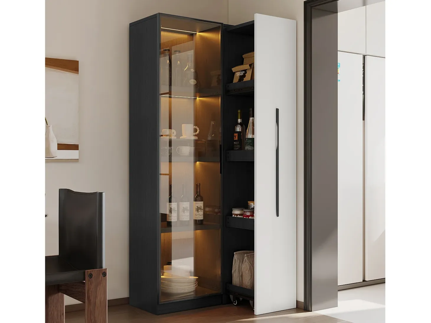 Vitrina móvil 70x40x160 cm - Estantería - Iluminación LED - 1 puerta de vidrio y 1 cajón - con ruedas - MDF - Negro y blanco