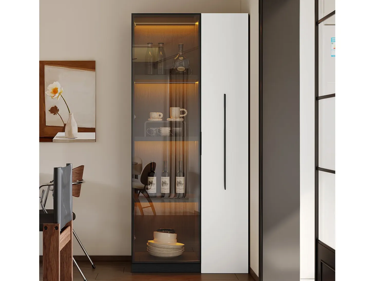 Vitrina móvil 70x40x160 cm - Estantería - Iluminación LED - 1 puerta de vidrio y 1 cajón - con ruedas - MDF - Negro y blanco