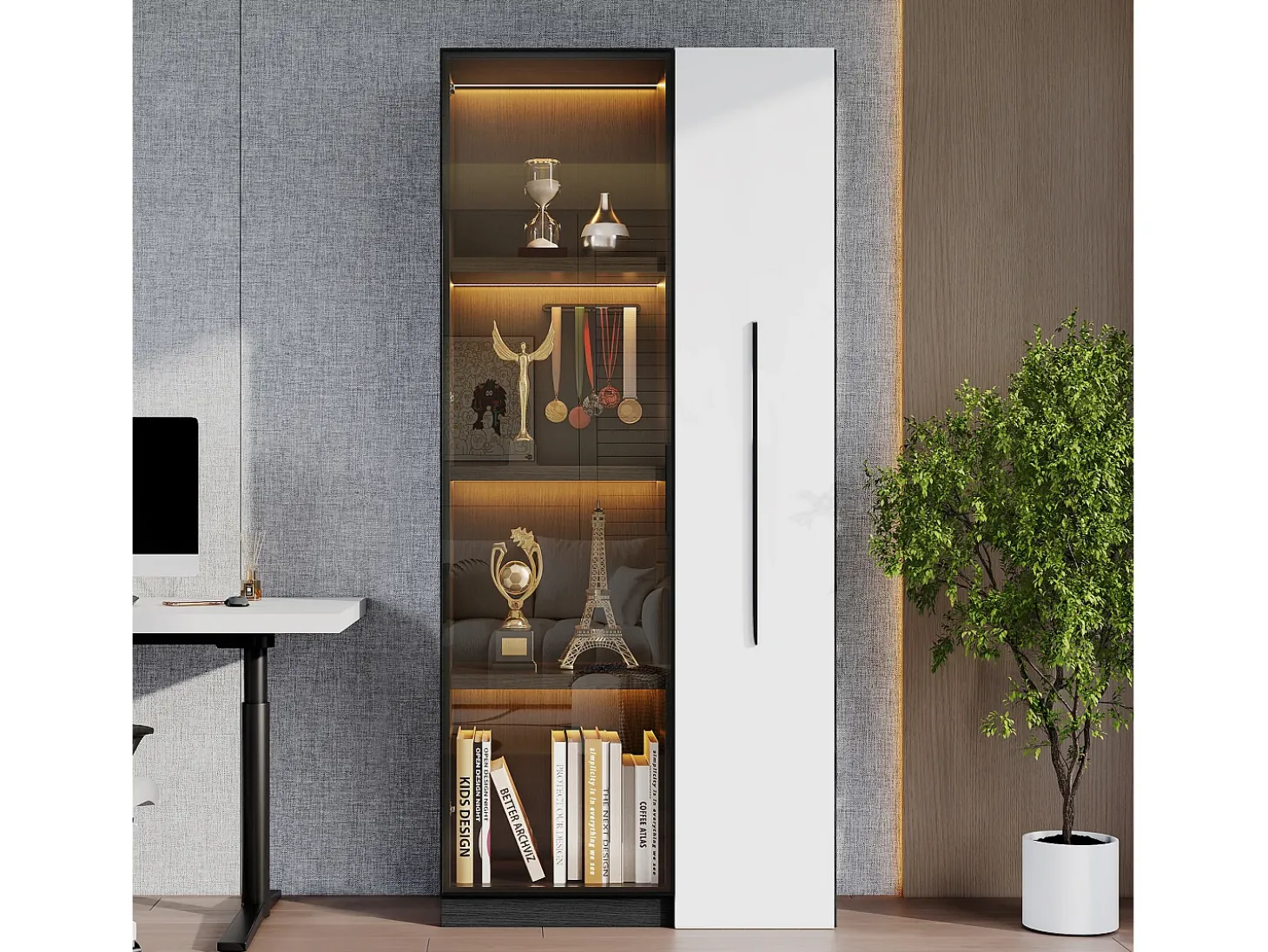 Vitrina móvil 70x40x160 cm - Estantería - Iluminación LED - 1 puerta de vidrio y 1 cajón - con ruedas - MDF - Negro y blanco
