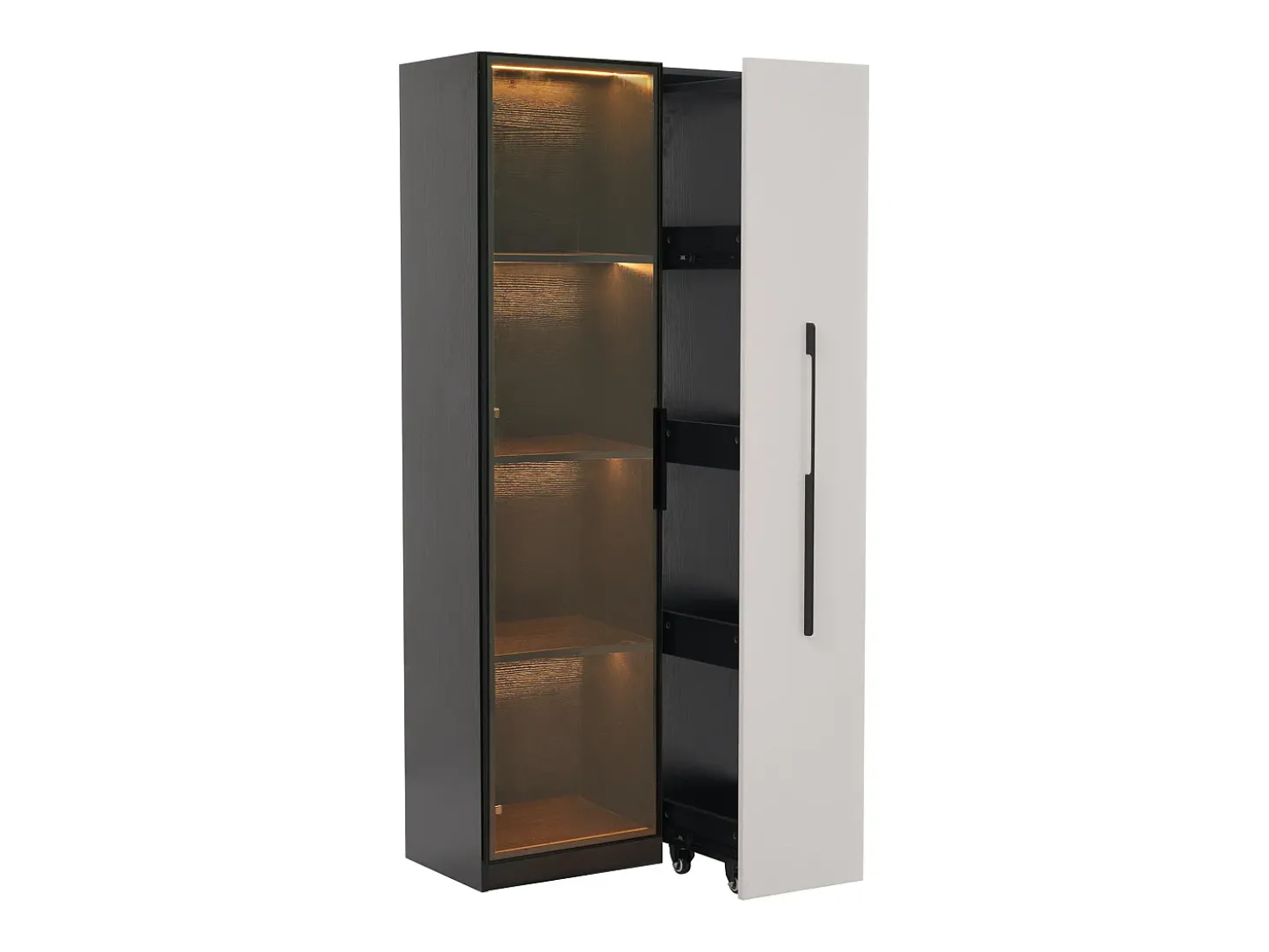 Vitrina móvil 70x40x160 cm - Estantería - Iluminación LED - 1 puerta de vidrio y 1 cajón - con ruedas - MDF - Negro y blanco