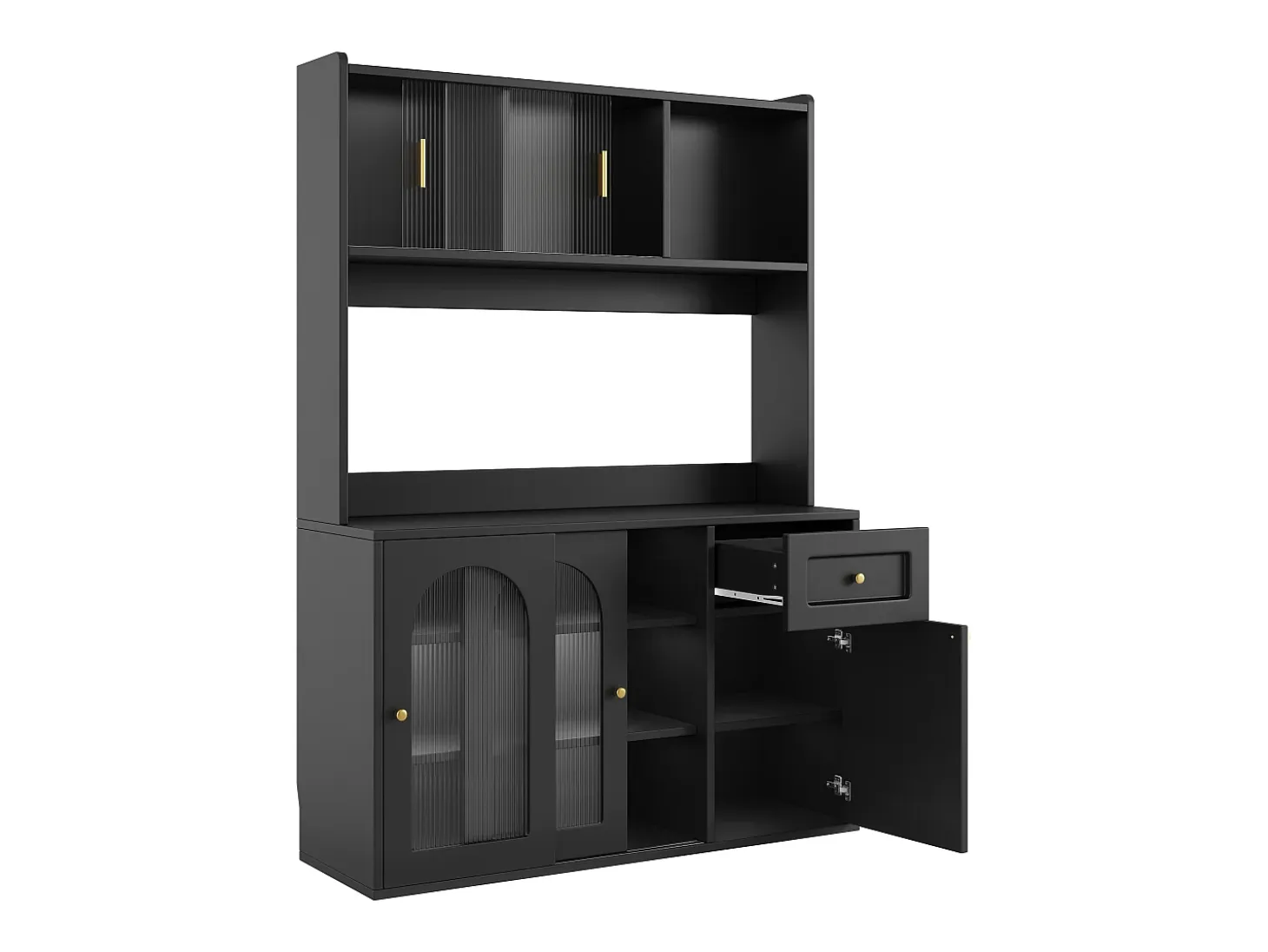 Vitrina negra - Mueble de comedor con 5 puertas y 1 cajón - estantes regulables y luces LED