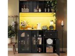 Vitrina negra - Mueble de comedor con 5 puertas y 1 cajón - estantes regulables y luces LED