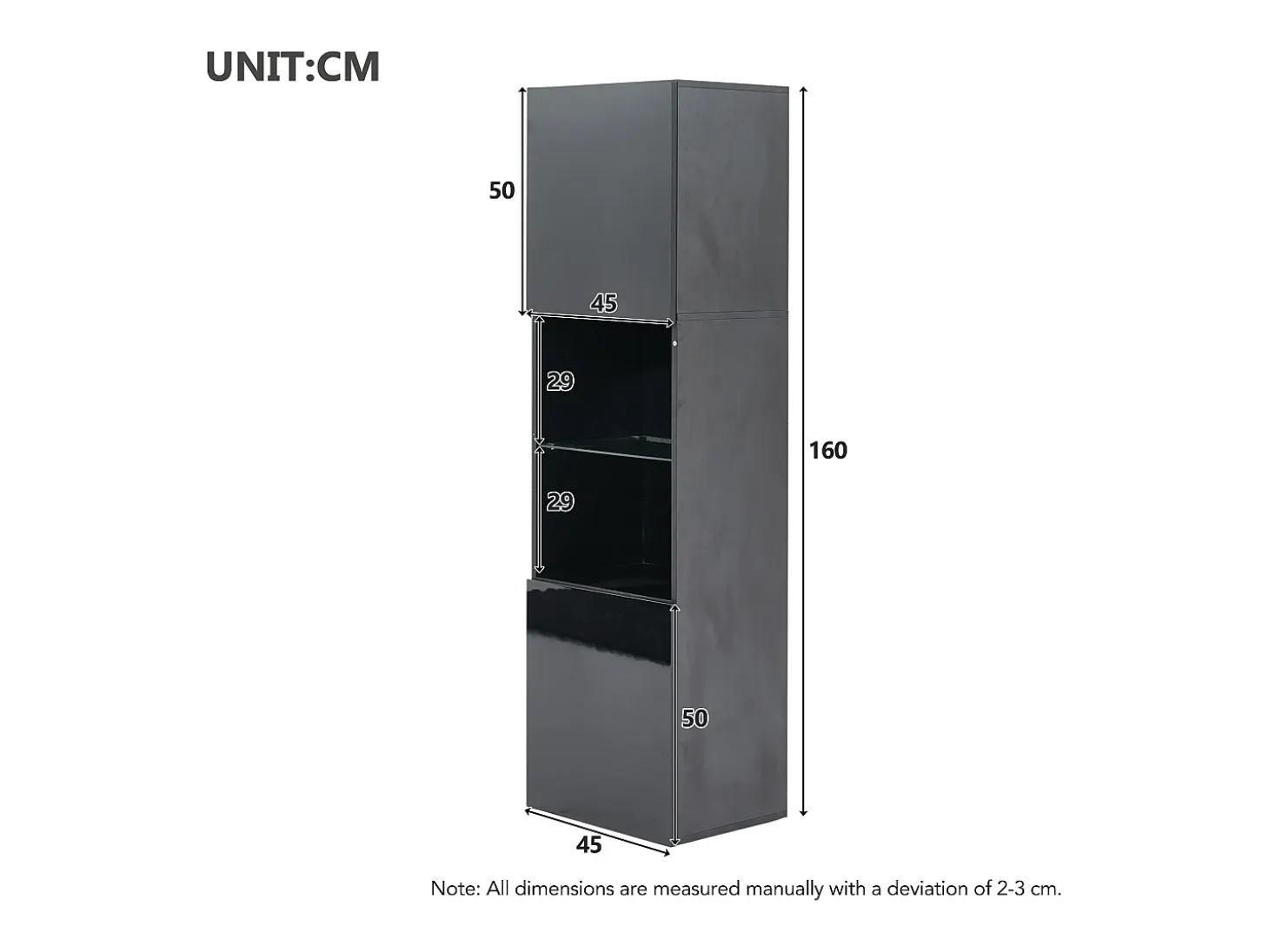 Vitrina negra brillante con iluminación LED - Armario alto para salón - Mueble de almacenaje - 45x35x160 cm