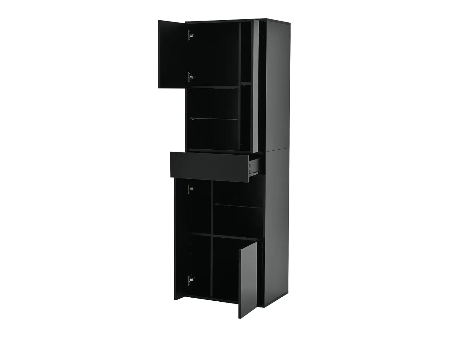 Vitrina negra con 1 cajón, 4 puertas e iluminación LED, estantes de cristal, 55x38x170 cm