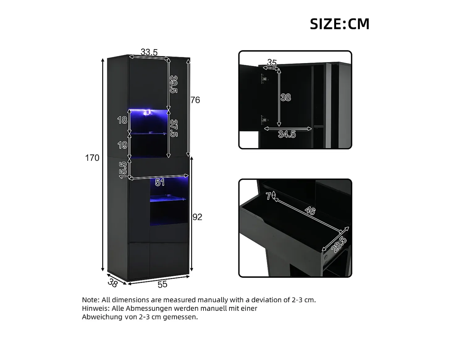 Vitrina negra con 1 cajón, 4 puertas e iluminación LED, estantes de cristal, 55x38x170 cm
