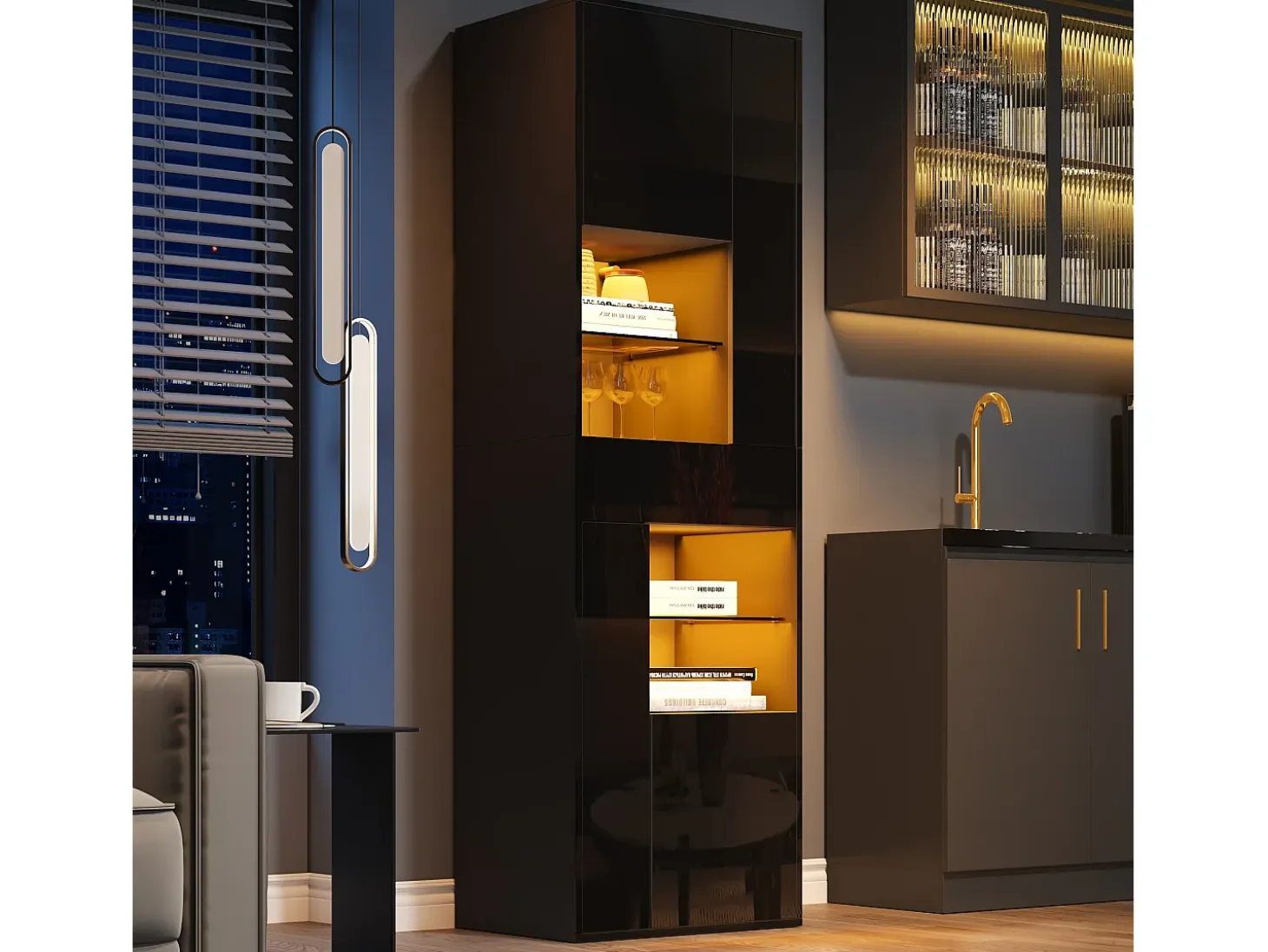 Vitrina negra con 1 cajón, 4 puertas e iluminación LED, estantes de cristal, 55x38x170 cm