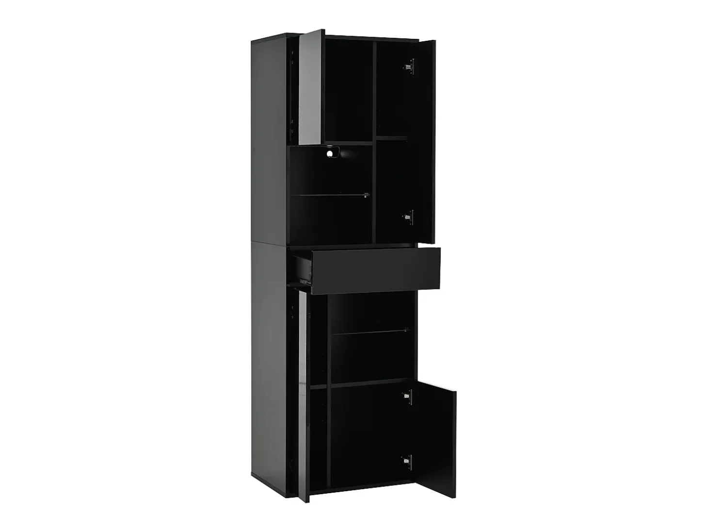 Vitrina negra con 1 cajón, 4 puertas e iluminación LED, estantes de cristal, 55x38x170 cm