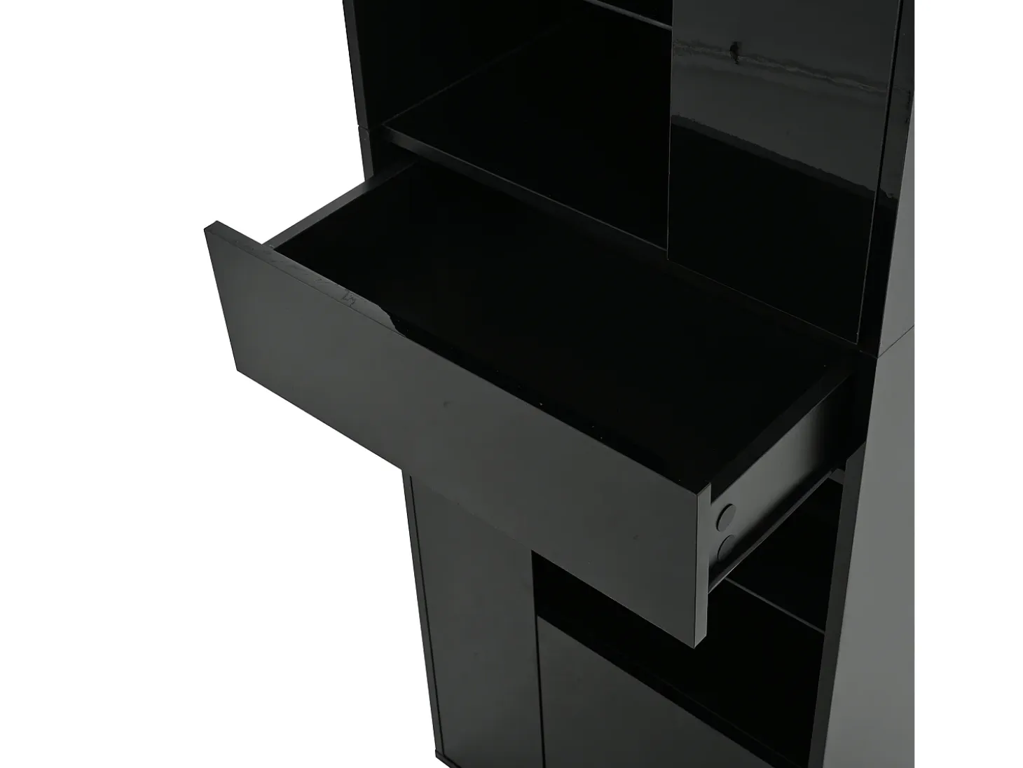 Vitrina negra con 1 cajón, 4 puertas e iluminación LED, estantes de cristal, 55x38x170 cm
