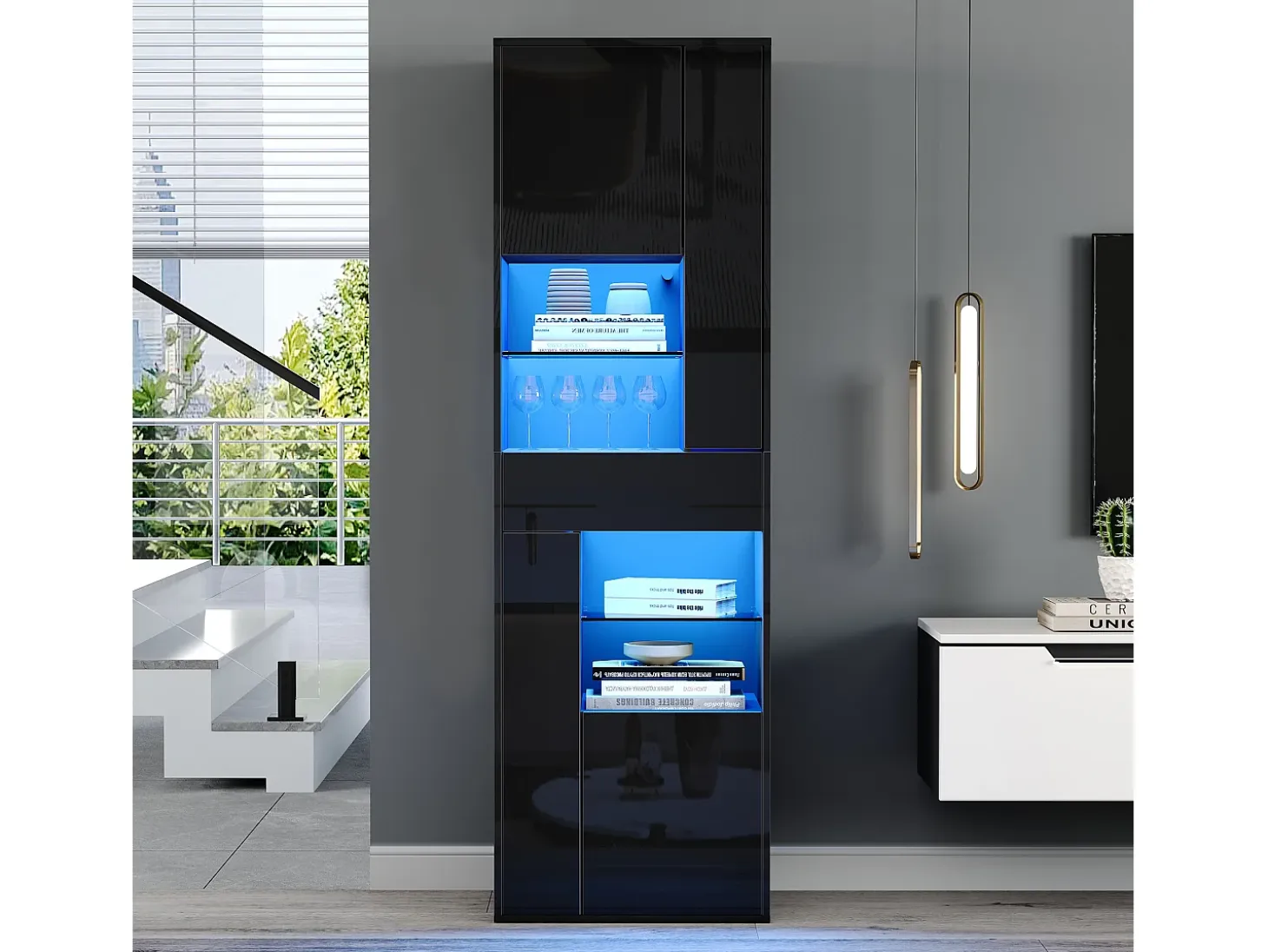 Vitrina negra con 1 cajón, 4 puertas e iluminación LED, estantes de cristal, 55x38x170 cm