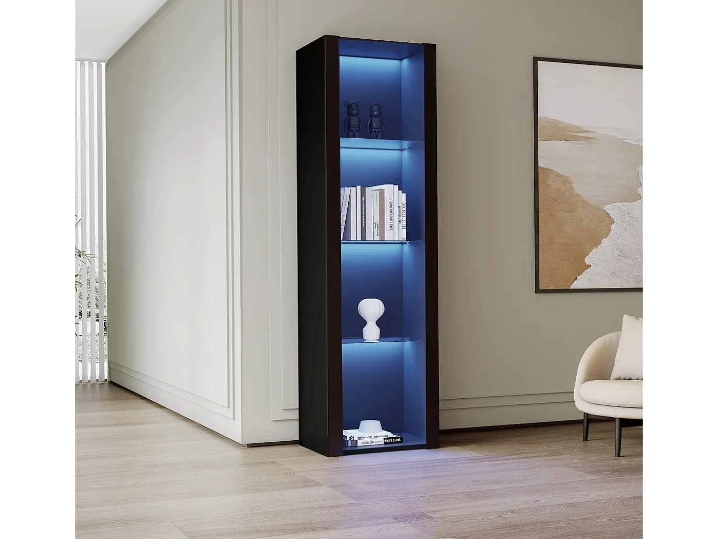 Vitrina negra con iluminación LED, 55 x 38 x 166 cm, 3 compartimentos, para salón y oficina