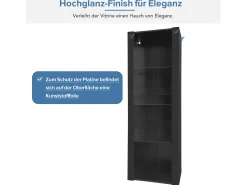 Vitrina negra de alto brillo con LED, 3 estantes de cristal, MDF, negro (55x38x166 cm)