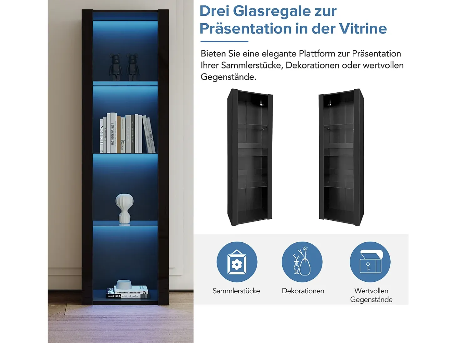 Vitrina negra de alto brillo con LED, 3 estantes de cristal, MDF, negro (55x38x166 cm)
