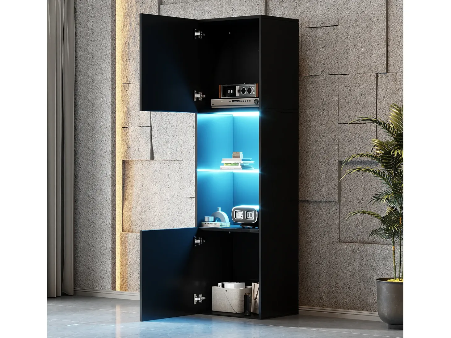 Vitrina negra de alto brillo con 2 puertas y 1 estante de cristal, LED incluido - 45x35x160cm