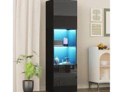 Vitrina negra de alto brillo con 2 puertas y 1 estante de cristal, LED incluido - 45x35x160cm