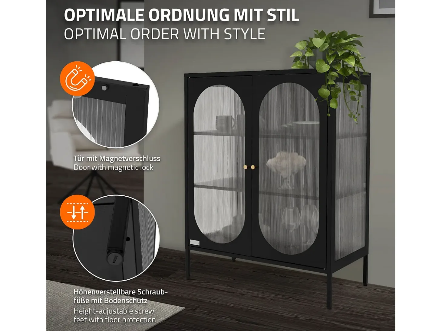 Vitrina negra 80x102,5x40 cm, 3 estantes y 2 puertas, mueble metálico archivador