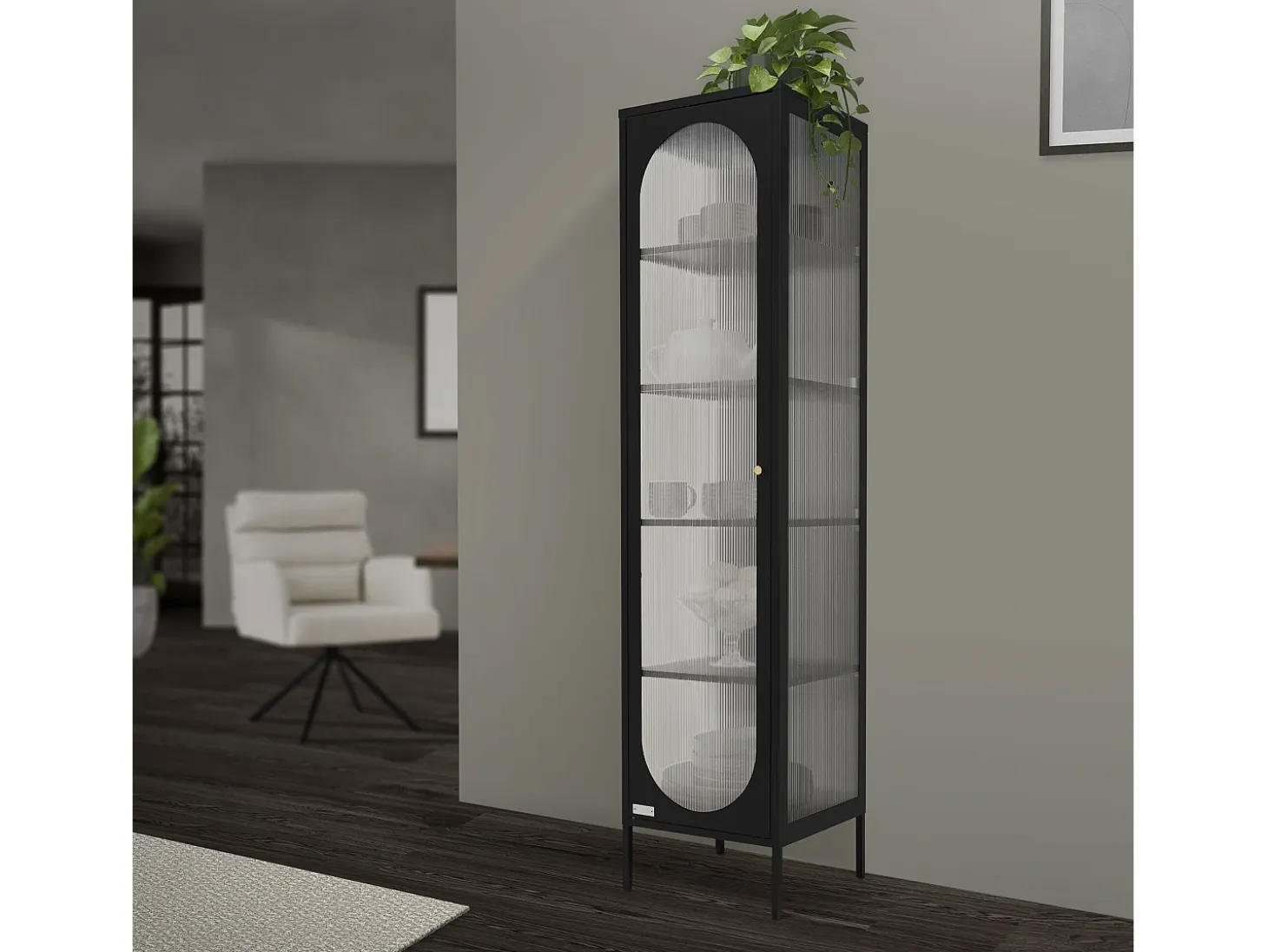 Vitrina negra 42x175x40 cm con 5 estantes y 1 puerta, mueble metálico archivador