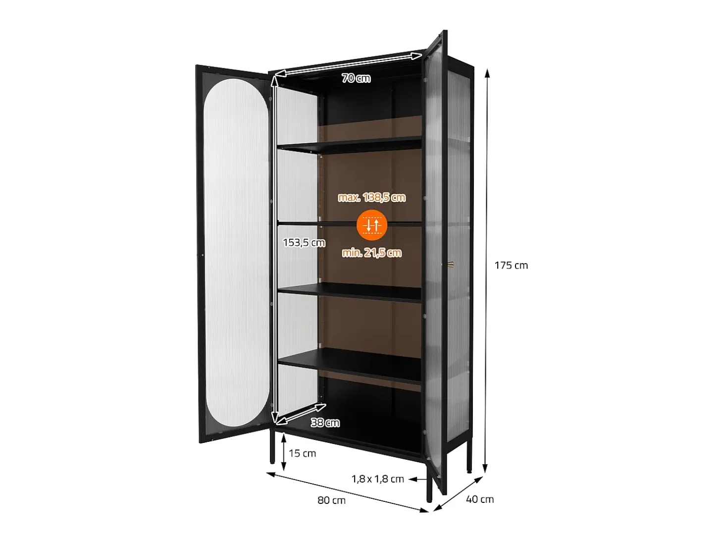 Vitrina negra 85x175x40cm con 2 puertas y 5 estantes, mueble metálico archivador