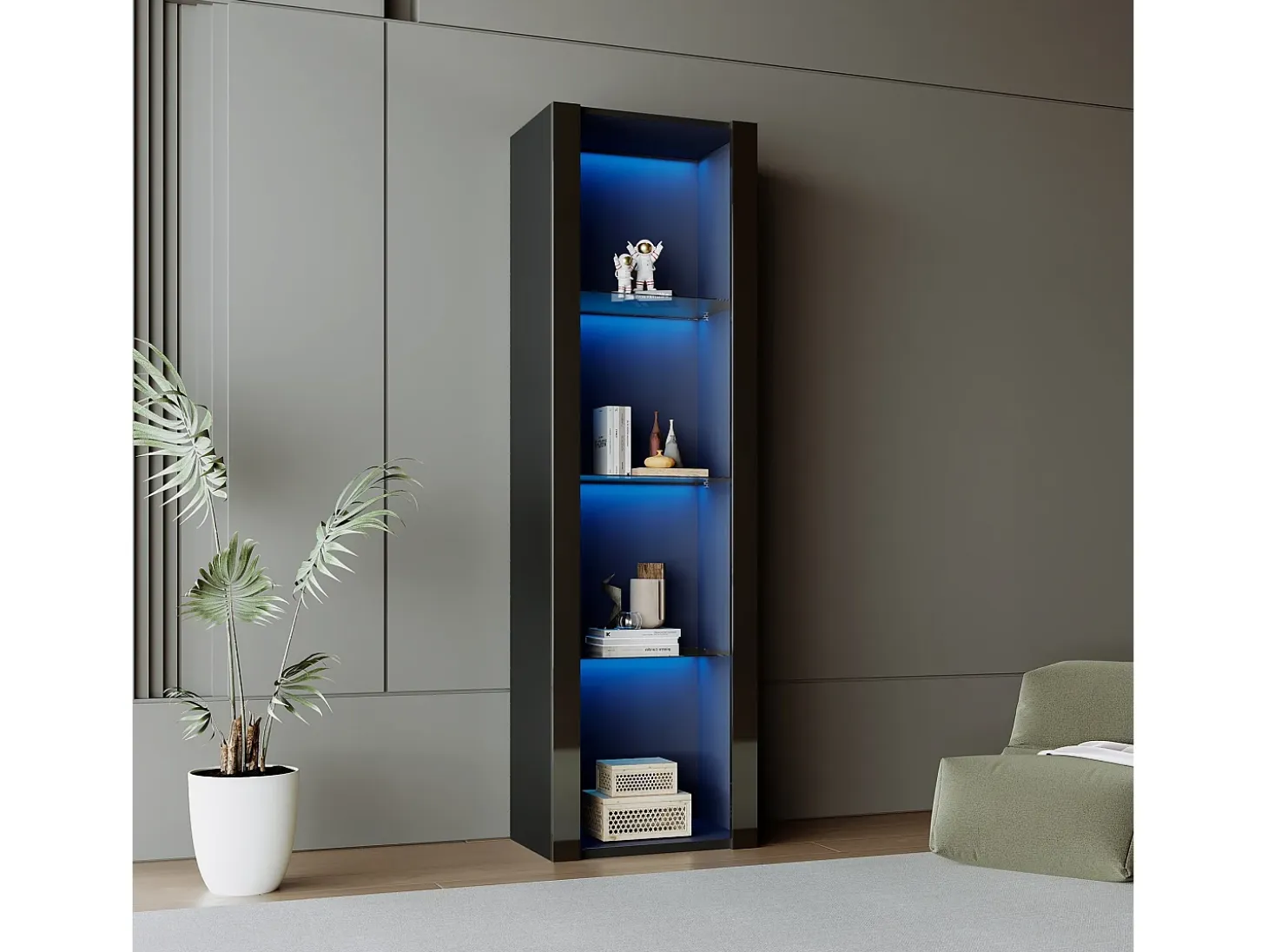 Vitrina negro - Vitrina con luces LED y 3 estantes de cristal - para salón y dormitorio