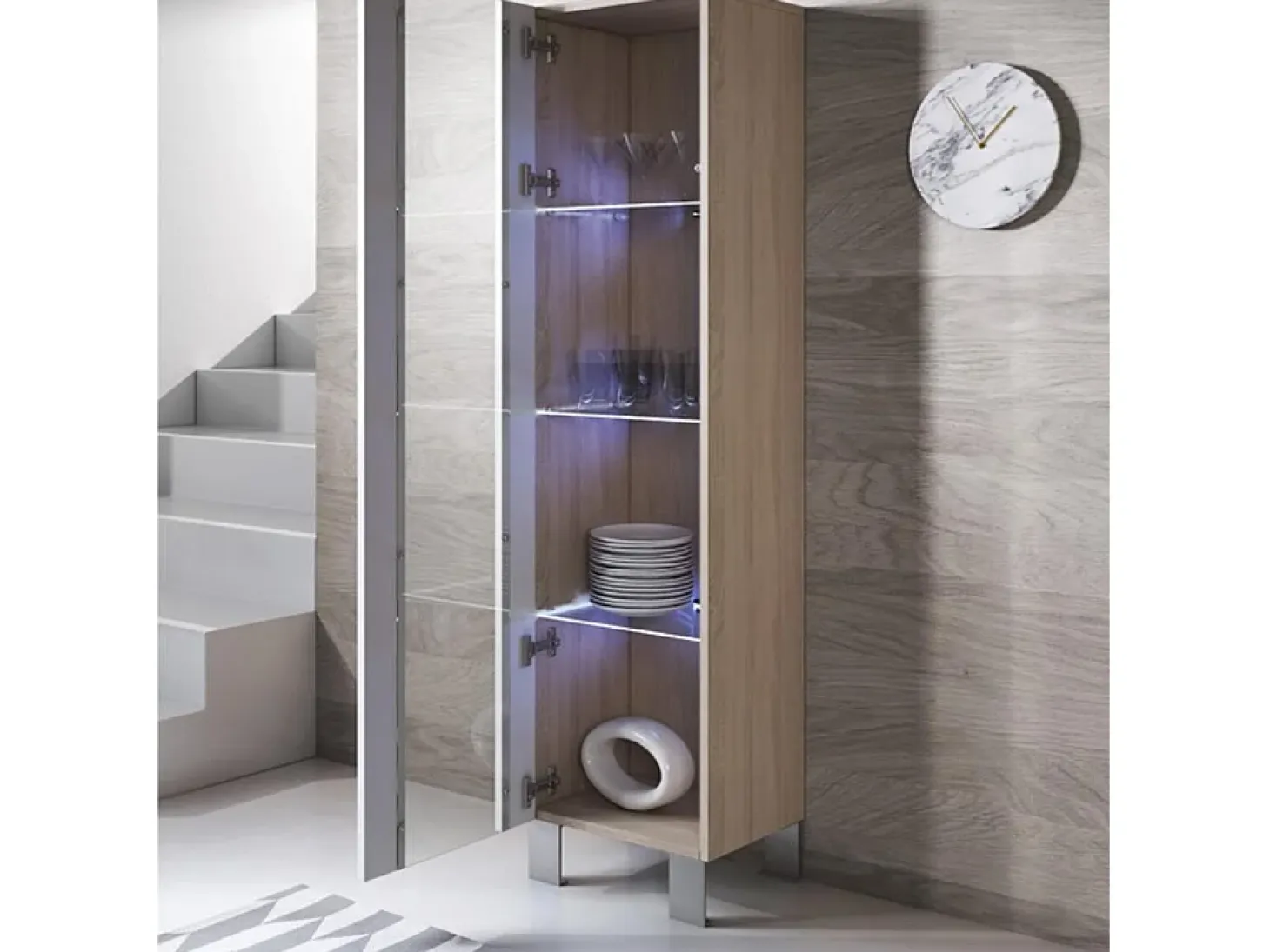 Vitrina para Salón comedor en Sonoma y Blanco con LED 40x29x177cm Luke V5