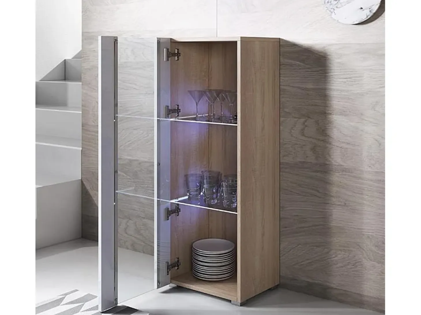 Vitrina para Salón comedor en Sonoma y Blanco con LED 40x29x128cm Luke V2