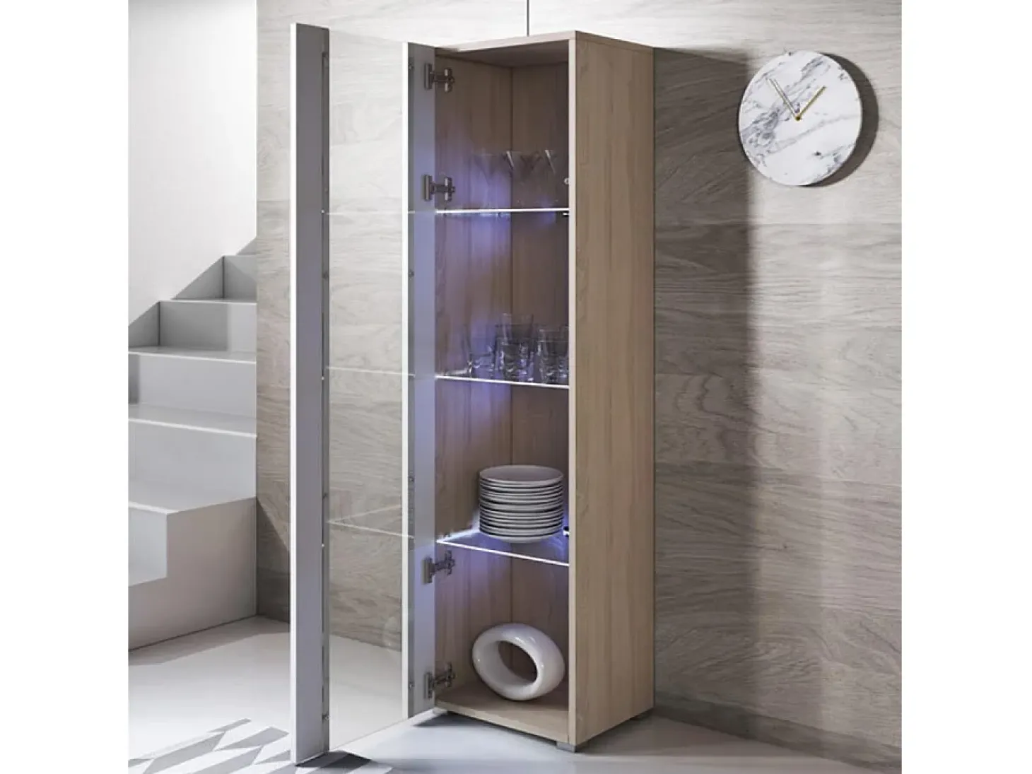Vitrina para Salón comedor en Sonoma y Blanco con LED 40x29x167cm Luke V5