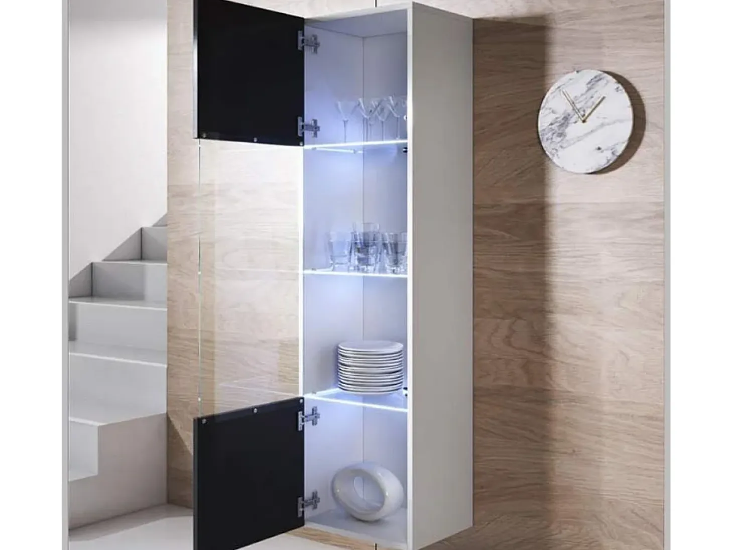 Vitrina para Salón comedor en Blanco y Negro con LED 40x29x165cm Luke V6