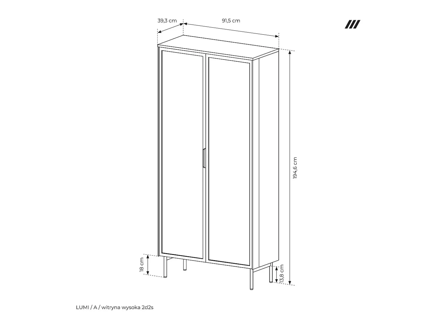 Vitrina, roble Dunin, 91,5 x 194,6 x 39,3 cm
