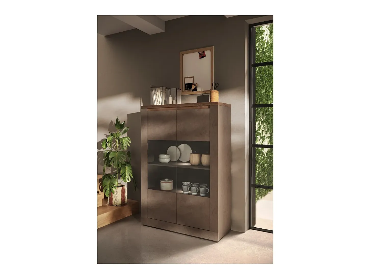 Vitrina SASHA – 2 puertas con 3 estantes y LED – Bronce y superficie de madera Mercurio