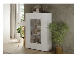 Vitrina SCENA – L121 x H166 x P42 cm – 2 puertas – Blanco lacado brillante