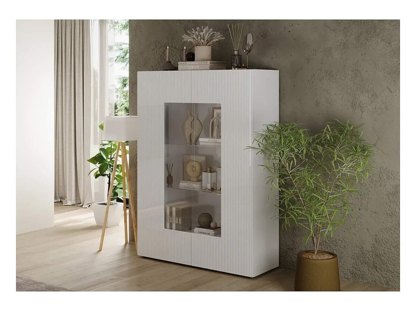 Vitrina SCENA – L121 x H166 x P42 cm – 2 puertas – Blanco lacado brillante