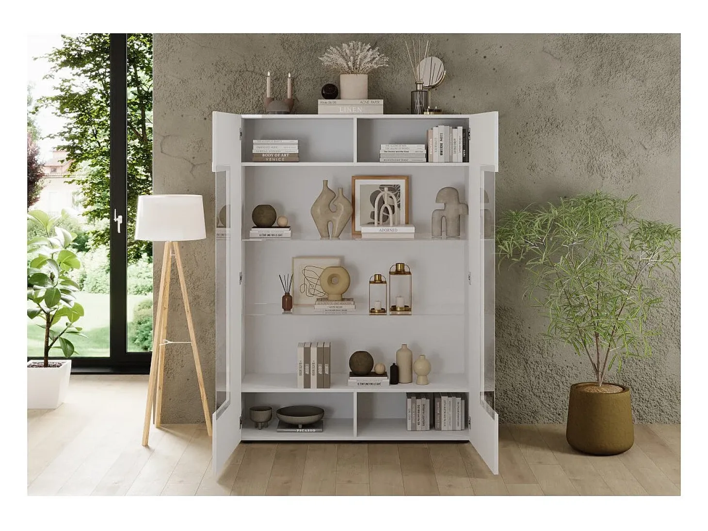Vitrina SCENA – L121 x H166 x P42 cm – 2 puertas – Blanco lacado brillante