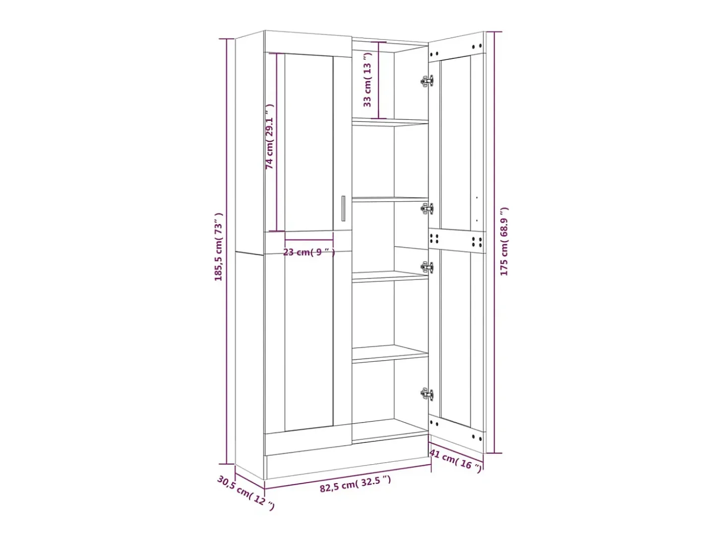 Vitrina Sonoma gris de 82,5 x 30,5 x 185,5 cm, madera de ingeniería