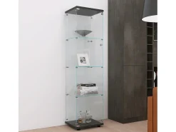 Vitrina, vitrina de cristal de 4 estantes con puerta, vitrina transparente, vitrina de suelo de cristal con cerradura, color negro