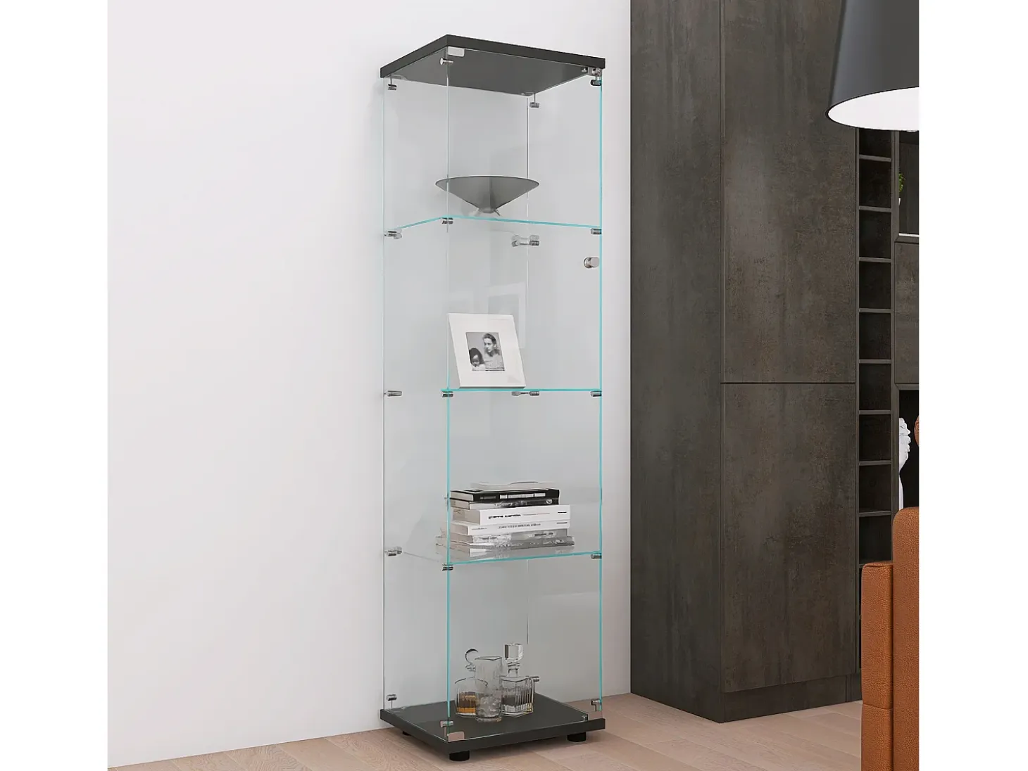 Vitrina, vitrina de cristal de 4 estantes con puerta, vitrina transparente, vitrina de suelo de cristal con cerradura, color negro