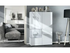 Vitrina Vladon Morena V2, vitrina de pie con 2 puertas e inserción de cristal, carcasa blanco mate, frentes blanco de alto brillo, cubo blanco mate