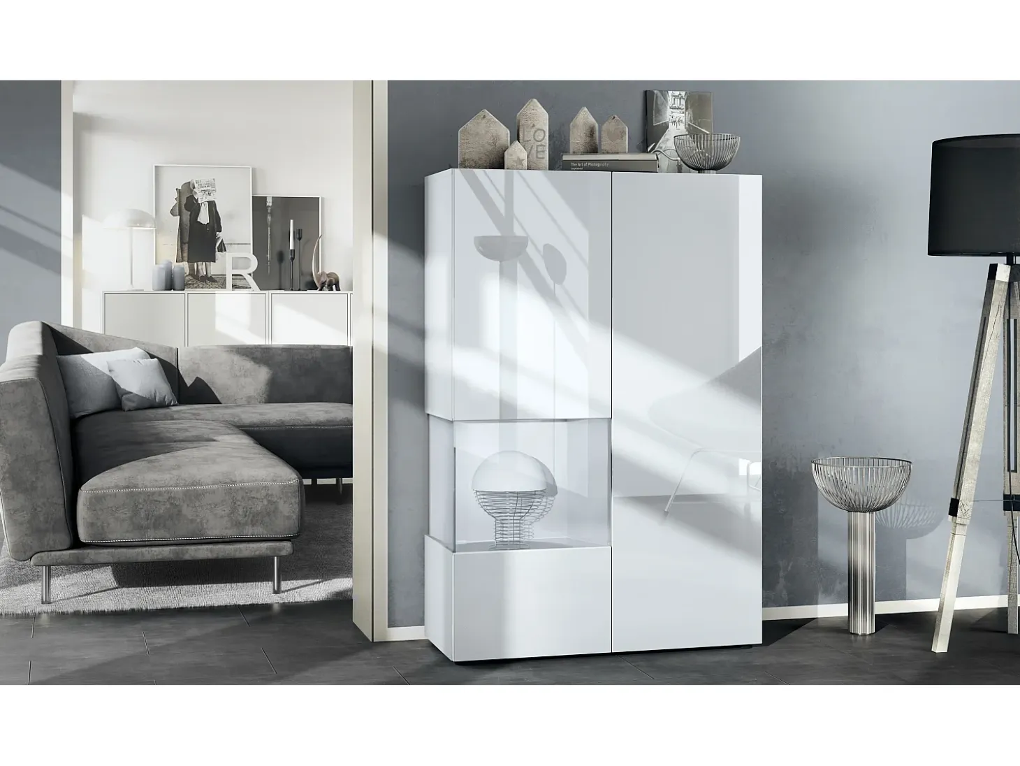 Vitrina Vladon Morena V2, vitrina de pie con 2 puertas e inserción de cristal, carcasa blanco mate, frentes blanco de alto brillo, cubo blanco mate