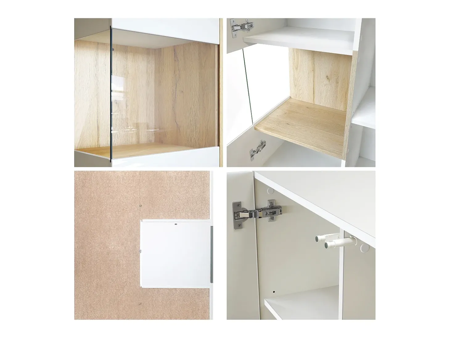 Vitrina Vladon Morena V2, vitrina de pie con 2 puertas e inserción de cristal, carcasa blanco mate, frentes blanco de alto brillo, cubo roble natural