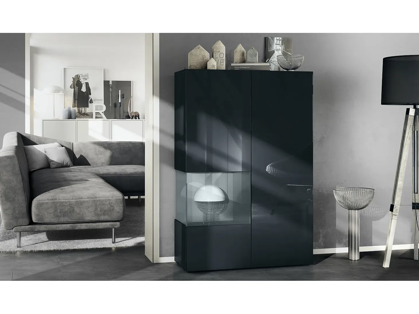 Vitrina Vladon Morena V2, vitrina de pie con 2 puertas e inserción de cristal, carcasa negro mate, frentes negro de alto brillo, Cube gris de alto brillo