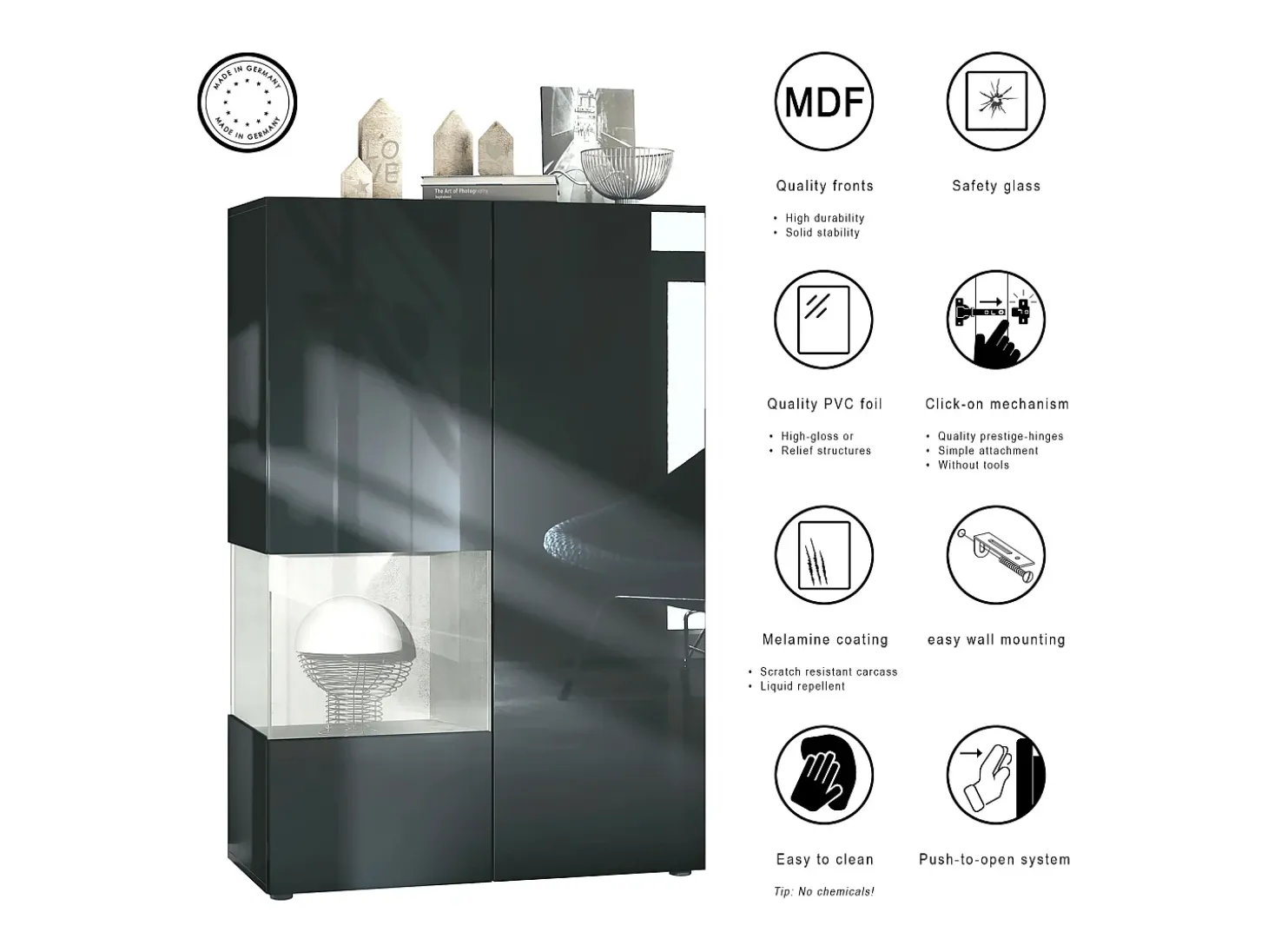 Vitrina Vladon Morena V2, vitrina de pie con 2 puertas e inserción de cristal, carcasa negro mate, frentes negro de alto brillo, Cube blanco de alto brillo