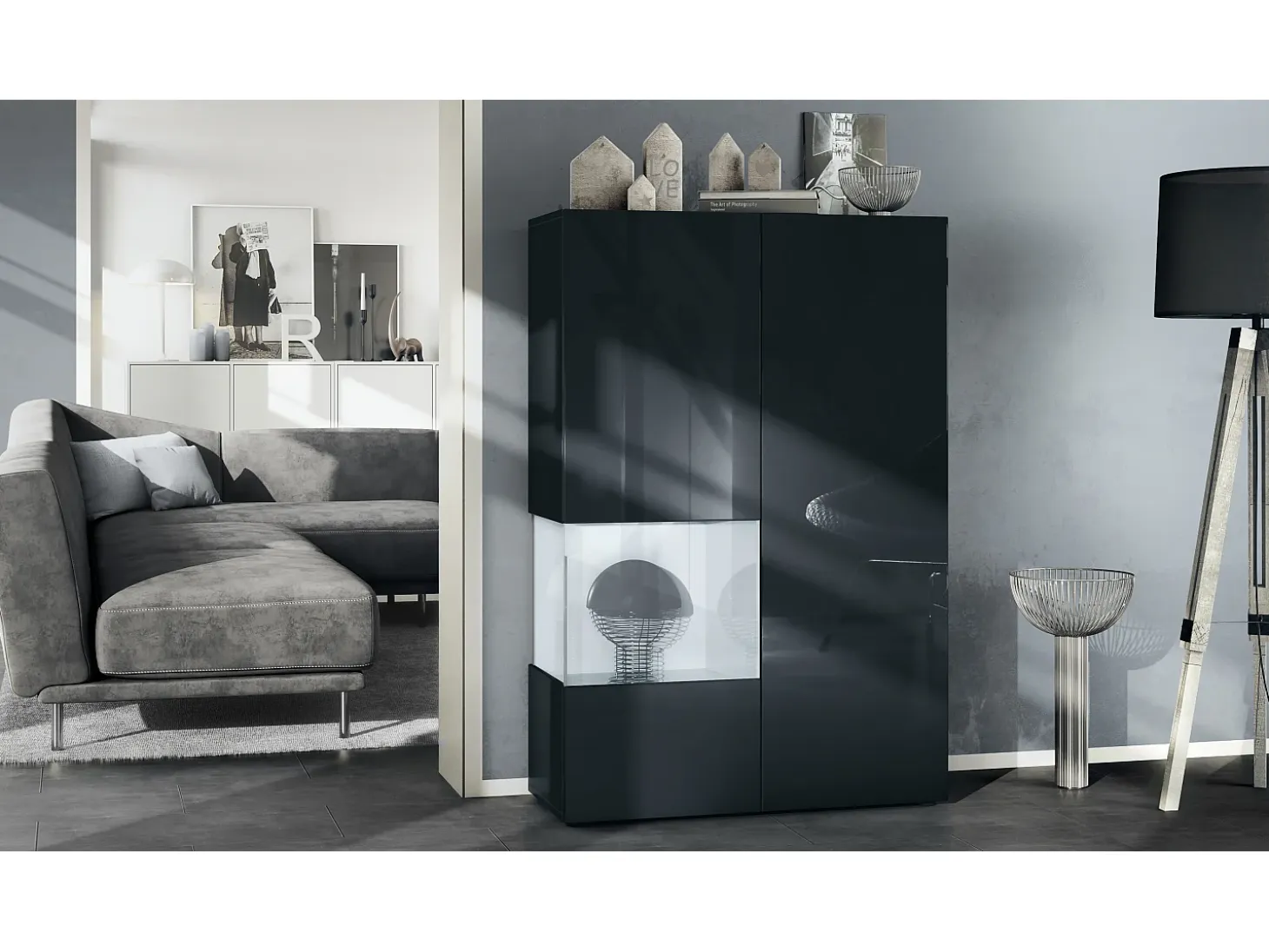 Vitrina Vladon Morena V2, vitrina de pie con 2 puertas e inserción de cristal, carcasa negro mate, frentes negro de alto brillo, Cube blanco de alto brillo