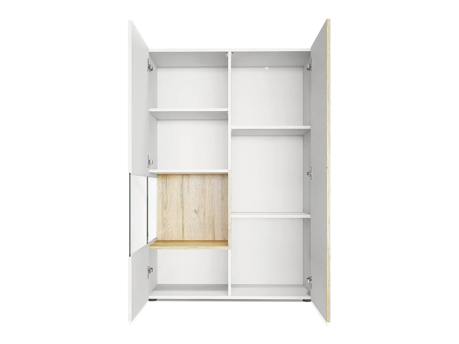 Vitrina Vladon Morena V2, vitrina de pie con 2 puertas e inserción de cristal, carcasa blanco mate, frentes blanco de alto brillo, cubo gris arena de alto brillo