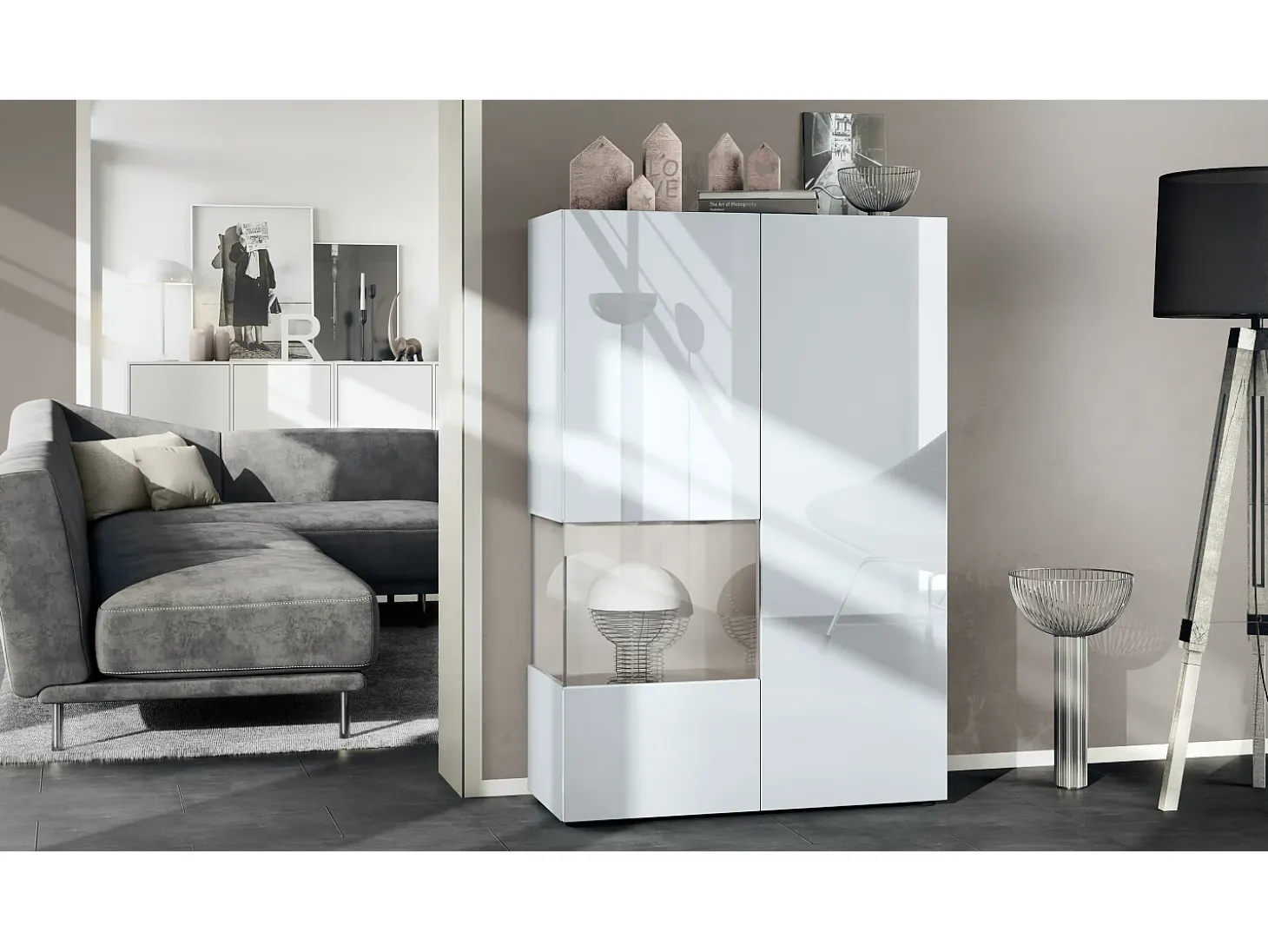 Vitrina Vladon Morena V2, vitrina de pie con 2 puertas e inserción de cristal, carcasa blanco mate, frentes blanco de alto brillo, cubo gris arena de alto brillo
