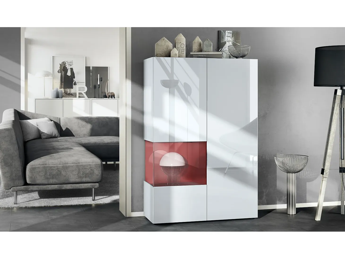 Vitrina Vladon Morena V2, vitrina de pie con 2 puertas e inserción de cristal, carcasa blanco mate, frentes blanco de alto brillo, cubo negro de alto brillo