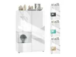 Vitrina Vladon Morena V2, vitrina de pie con 2 puertas e inserción de cristal, carcasa blanco mate, frentes blanco de alto brillo, cubo negro mate