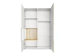 Vitrina Vladon Morena V2, vitrina de pie con 2 puertas e inserción de cristal, carcasa blanco mate, frentes blanco de alto brillo, cubo negro mate