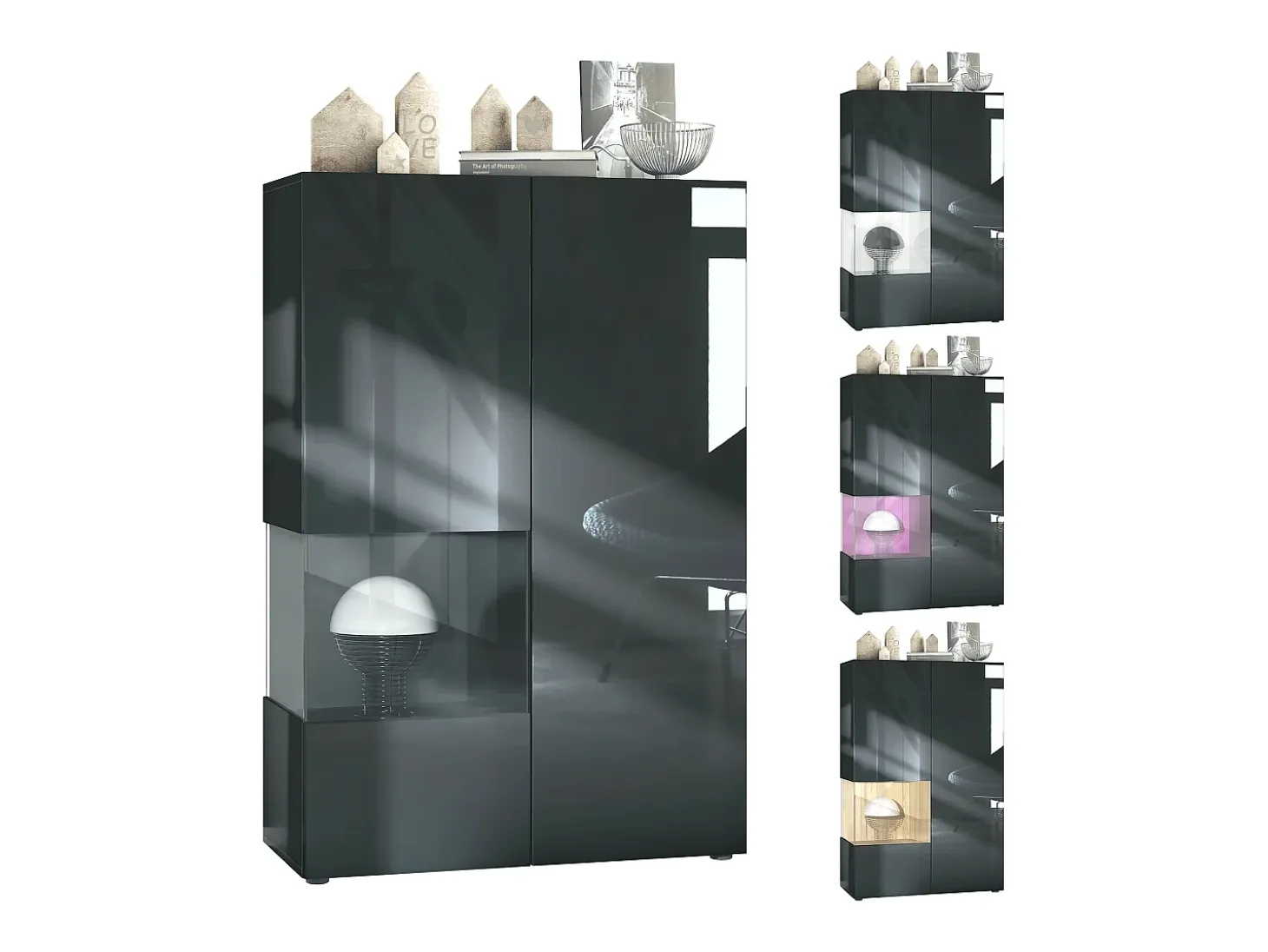 Vitrina Vladon Morena V2, vitrina de pie con 2 puertas e inserción de cristal, carcasa negro mate, frentes negro de alto brillo, Cube hormigón oxidado